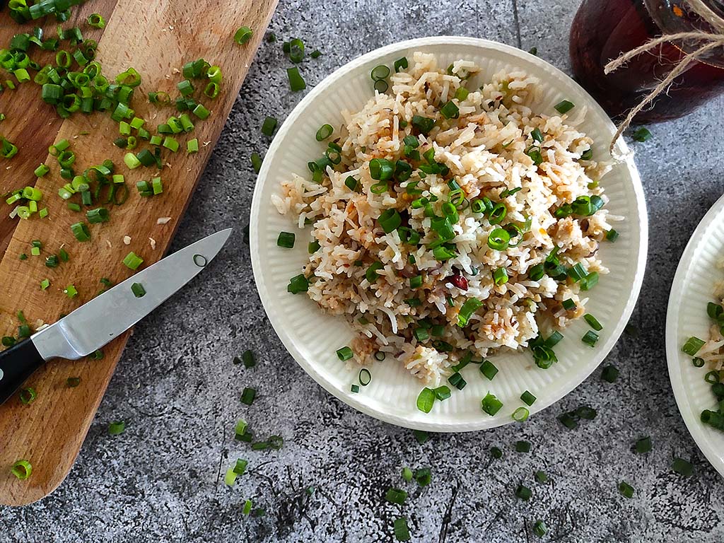 Soya fried rice with spicy Sichuan chilli oil