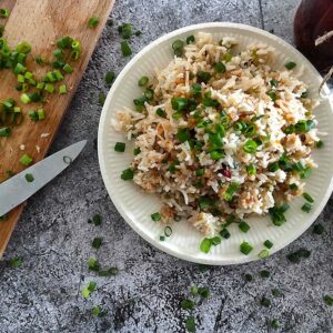 Soya fried rice with spicy Sichuan chilli oil