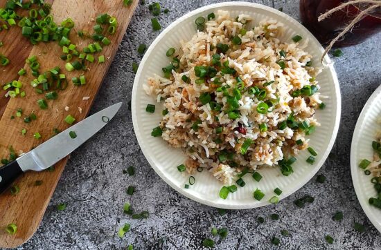 Soya fried rice with spicy Sichuan chilli oil